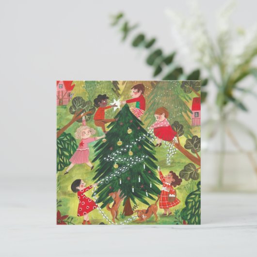 かわいい緑飾のクリスマスツリーの子ども達 シーズンカード (スタンド正面)