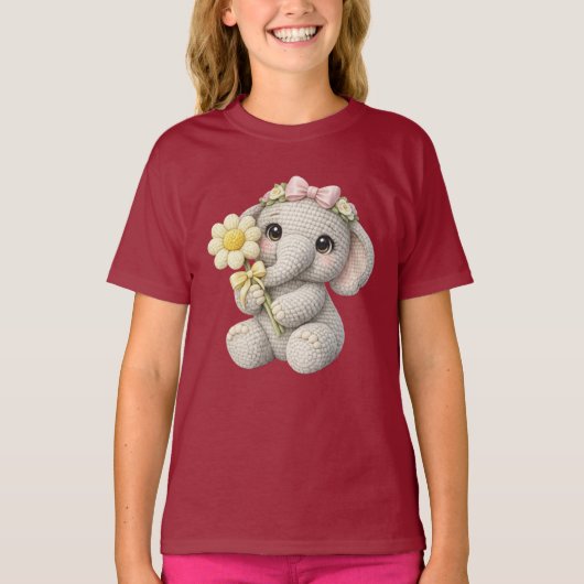 かわいい編みぐるみ象の女の子と花 - ギフトアイデア Tシャツ (正面)