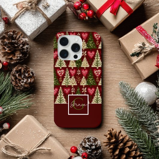 かわいい編み物スタイルのクリスマスツリーパターン iPhoneケース