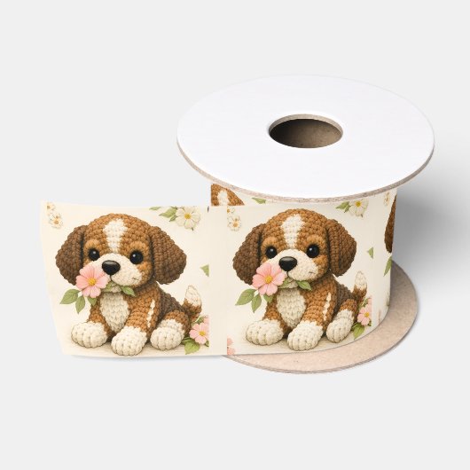 かわいい編み物仔犬とお花 サテンリボン (リール)
