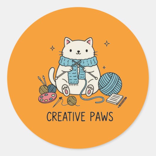 かわいい編み物猫の毛糸オレンジ文房具デザイン ラウンドシール (正面)