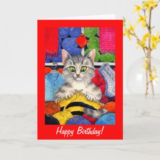 かわいい編み物猫の誕生日かカードを引き起こします カード (黄色い花)