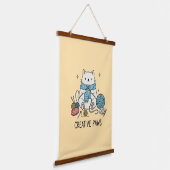 かわいい編み物猫青スカーフパステルイエローの装飾 吊り下げ型タペストリー (傾斜あり)