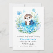 かわいい編集可能ブルーフローラオッターボーイベビーシャワー 招待状 (正面)
