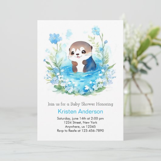 かわいい編集可能ブルーフローラオッターボーイベビーシャワー 招待状 (スタンド正面)