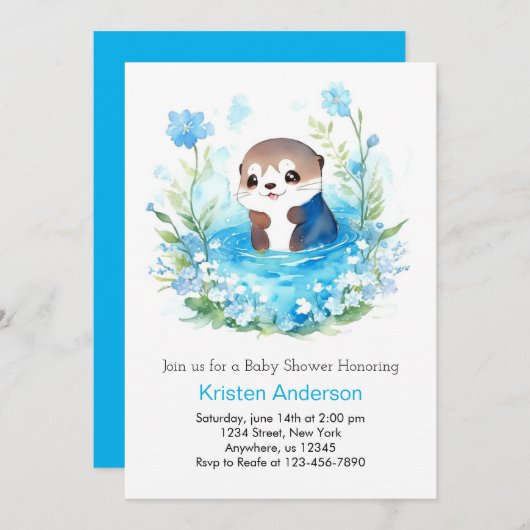 かわいい編集可能ブルーフローラオッターボーイベビーシャワー 招待状 (正面/裏面)