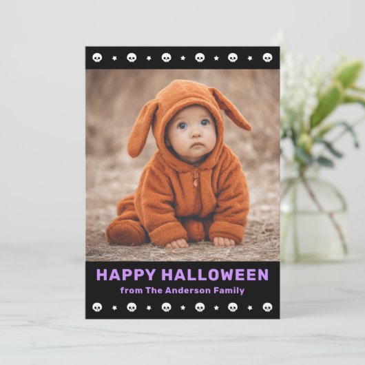 かわいい縁どスカルと星の黒ハロウィーンの写真 シーズンカード (スタンド正面)