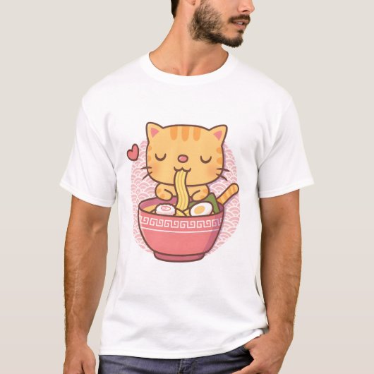 かわいい縞模様の猫がラーメンを食べる波の背景 Tシャツ (正面)