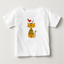かわいい縞模様の猫と赤い鳥のイラスト ベビーTシャツ