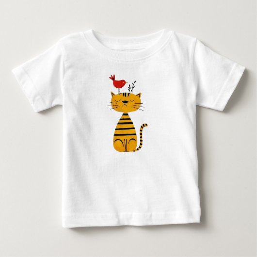 かわいい縞模様の猫と赤い鳥のイラスト ベビーTシャツ (正面)