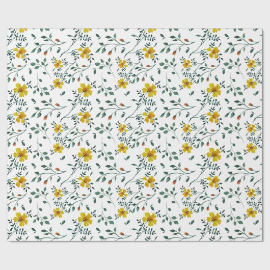 かわいい繊細な黄色い春の花模様 ラッピングペーパー (フラット)