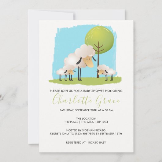 かわいい羊と子羊のツイパーソナライズされたンベイビーシャワー 招待状 (正面)