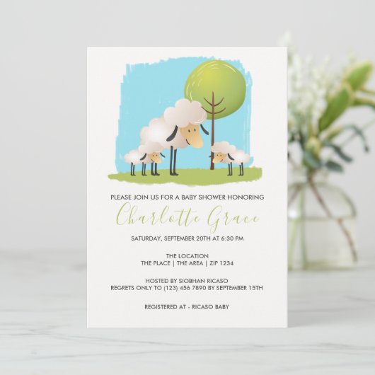 かわいい羊と子羊のツイパーソナライズされたンベイビーシャワー 招待状 (スタンド正面)