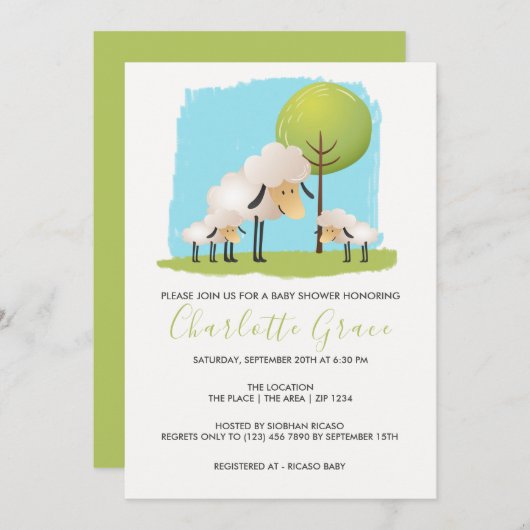 かわいい羊と子羊のツイパーソナライズされたンベイビーシャワー 招待状 (正面/裏面)