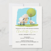 かわいい羊と子羊の赤ちゃんシャワー三つ子 招待状 (正面)