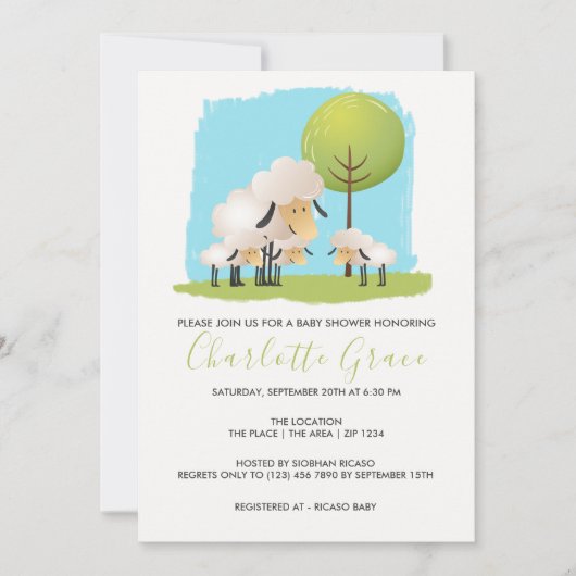 かわいい羊と子羊の赤ちゃんシャワー三つ子 招待状 (正面)