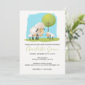 かわいい羊と子羊の赤ちゃんシャワー三つ子 招待状 (スタンド正面)