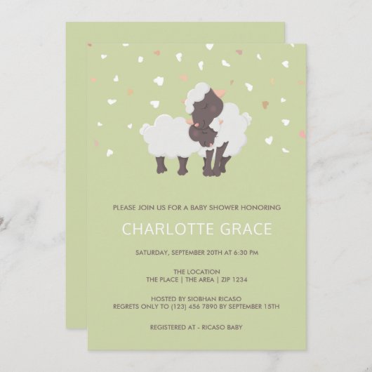 かわいい羊と子羊の赤パーソナライズされたちゃんシャワー 招待状 (正面/裏面)