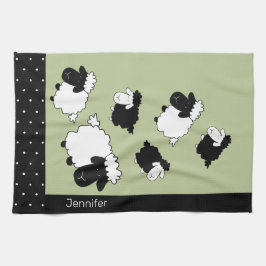かわいい羊のイラストレーションブラック、ホワイト、セージ緑 キッチンタオル