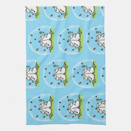 かわいい羊の友人と蝶の漫画 キッチンタオル (縦)