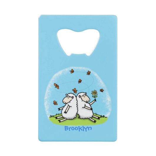 かわいい羊の友人と蝶の漫画 クレジットカード栓抜き (正面)