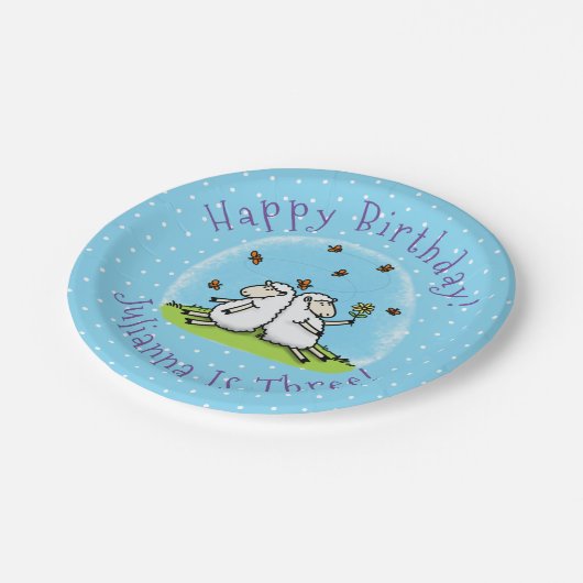 かわいい羊の友人と蝶の漫画 ペーパープレート (アングル)