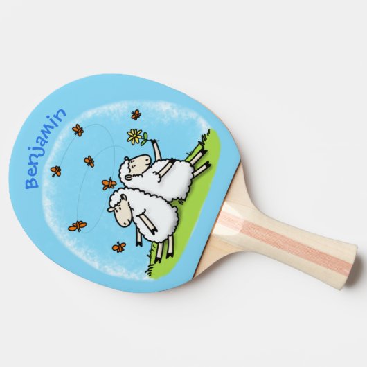 かわいい羊の友人と蝶の漫画 卓球ラケット (横)
