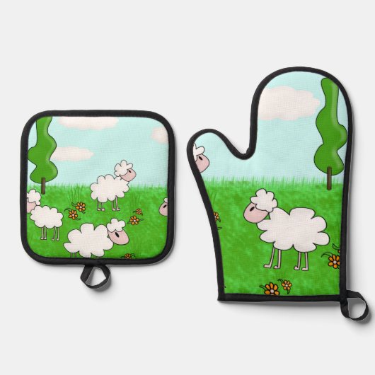かわいい羊の子供イラスト 鍋つかみ&鍋敷きセット (正面)