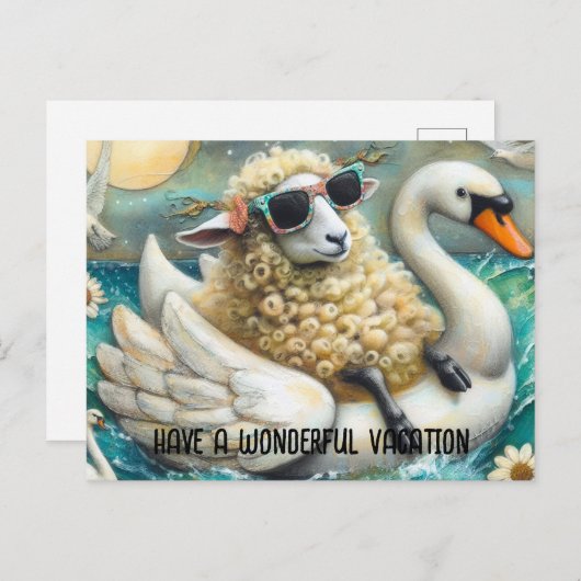 かわいい羊の白鳥の花は素晴らしい休暇を持っている ポストカード (正面/裏面)