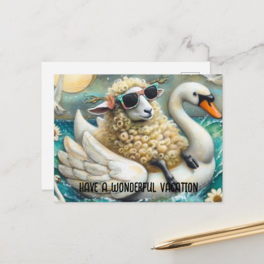 かわいい羊の白鳥の花は素晴らしい休暇を持っている ポストカード (正面/裏面インサイチュ)