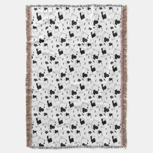 かわいい羊の群れイラストレーション白黒 スローブランケット (正面縦)