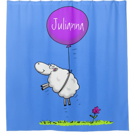 かわいい羊の風船の漫画ユーモアイラストレーション シャワーカーテン (正面)