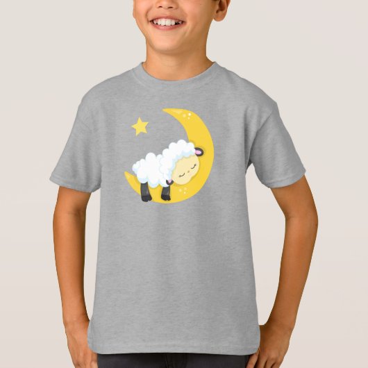 かわいい羊，眠る羊，月，星，眠い Tシャツ (正面)