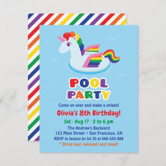 かわいい翼ユニコーンプールフロート子供の誕生日パーティー 招待状 (正面/裏面)