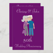 かわいい老夫婦パープル結婚さんの記念日 招待状 (正面/裏面)