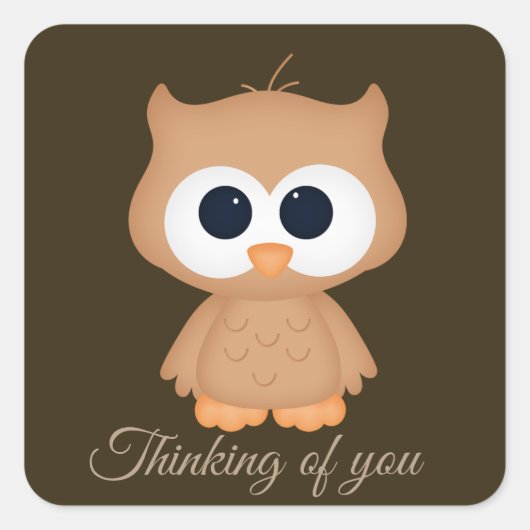 かわいい考えフクロウのステッカー スクエアシール (正面)