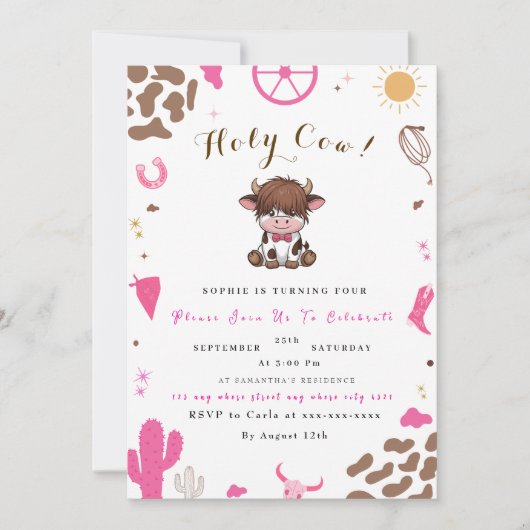 かわいい聖い牛のハイランド牛の誕生日の招待 招待状 (正面)