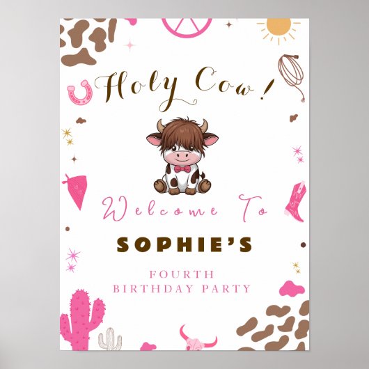 かわいい聖い牛のハイランド牛の誕生日ウェルカムサイン ポスター (正面)