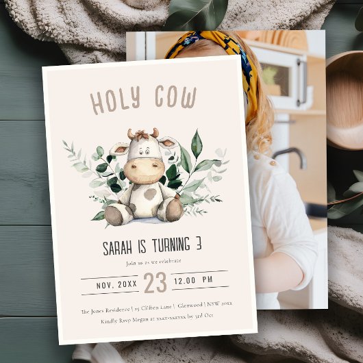 かわいい聖い牛の葉の赤面写真子供の誕生日 招待状