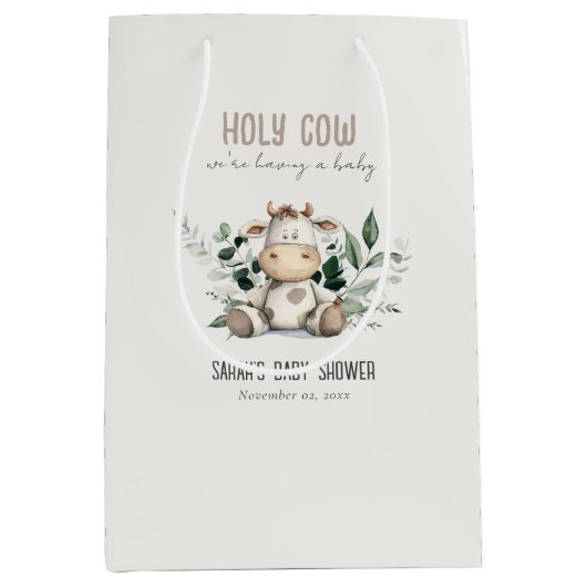かわいい聖い牛の葉パステルニュートラルベビーシャワー ミディアムペーパーバッグ (正面)