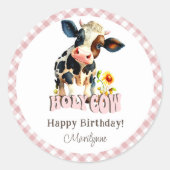 かわいい聖なる牛ピンク誕生日ステッカー ラウンドシール (正面)