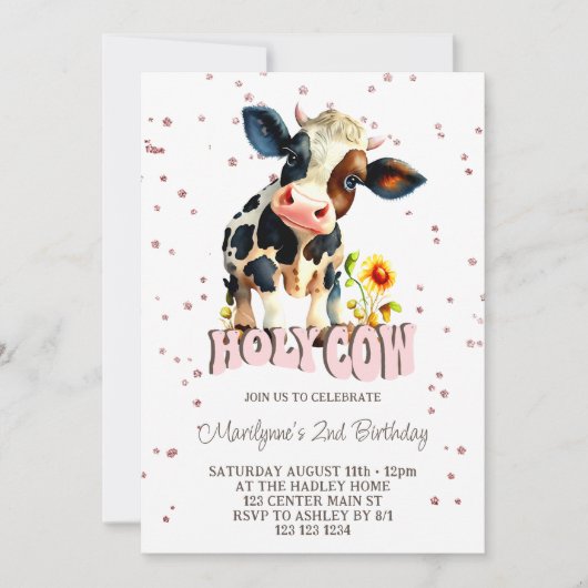 かわいい聖牛ピンクの誕生日2 招待状 (正面)