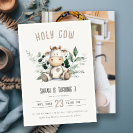 かわいい聖牛葉パステル写真子供の誕生日 招待状