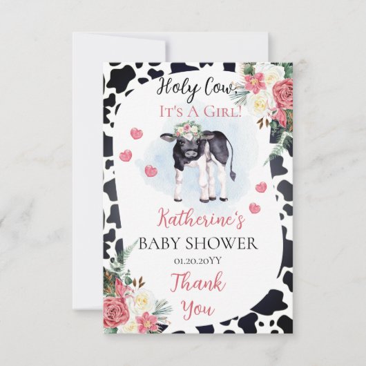 かわいい聖牛、それは女の子の赤ちゃんシャワーありがとうC サンキューカード (正面)
