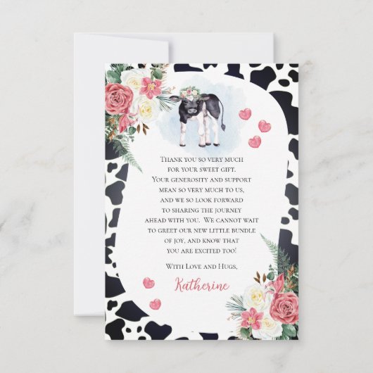 かわいい聖牛、それは女の子の赤ちゃんシャワーありがとうC サンキューカード (裏面)