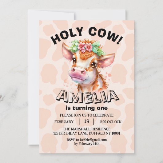 かわいい聖牛I'm One Girl 1st Birthday招待状 セーブザデート (正面)