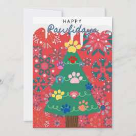 かわいい肉球オーナメントの赤いクリスマスツリー シーズンカード