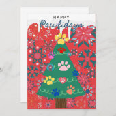 かわいい肉球オーナメントの赤いクリスマスツリー シーズンカード (正面/裏面)