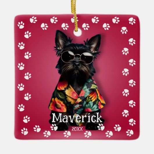 かわいい肉球ボーダーのペット セラミックオーナメント (正面)