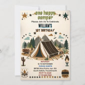 かわいい自然の男の子のために1ハッピーキャンパー1歳の誕生日 招待状 (正面)